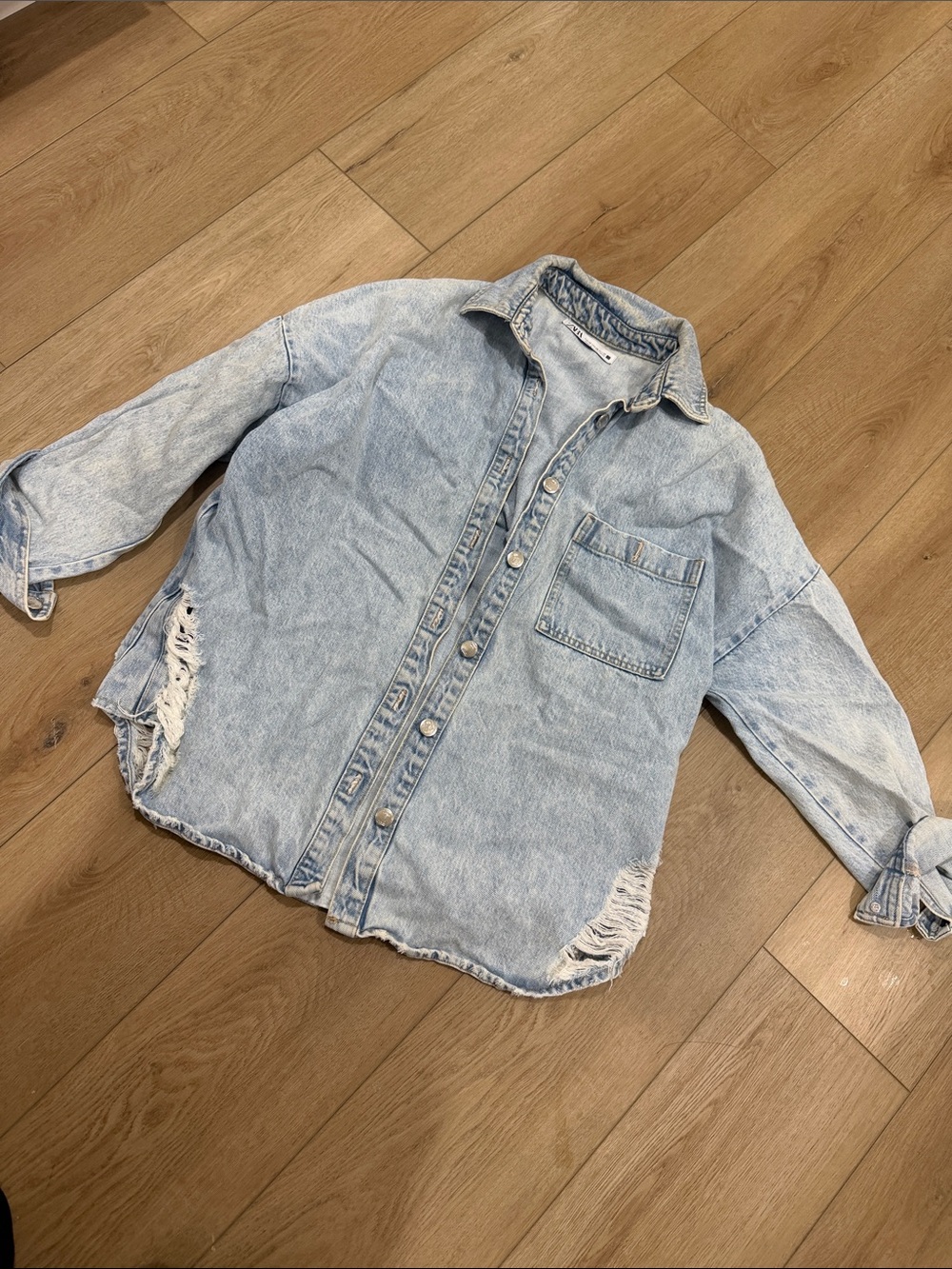 Zara Light Blue Distressed Denim Button-Down Shirt